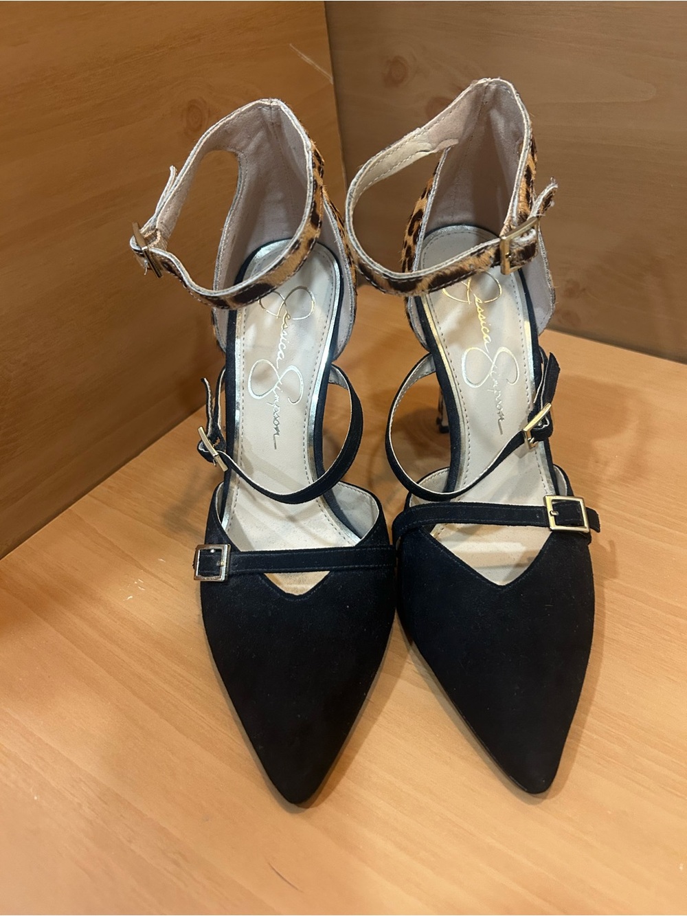 Jessica Simpson Leopard & Black Pointed Toe Ankle Strap Heels
